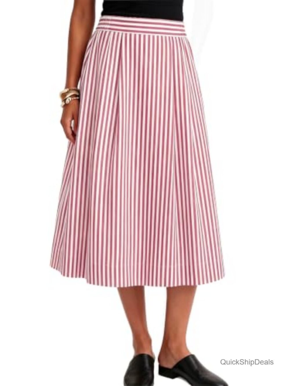 Cotton Blend A-Line Midi Skirt with Pockets High Waist Pleated